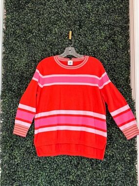 CAbi Red and Pink Striped Crewneck Sweater